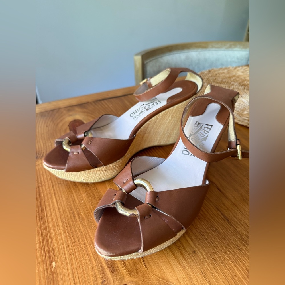 Salvatore Ferragamo Duccia Wedges in Brown Leather